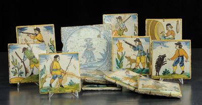 Undici Mattonelle con Figure Decorate in Policromia, XIX Secolo