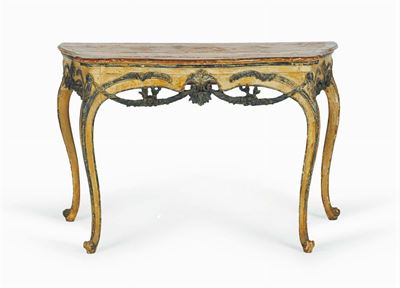 Tavolo-console Luigi XV Laccato nei Toni Dell' Ocra e del Blu con Festoni e Motivi Floreali , Pie...