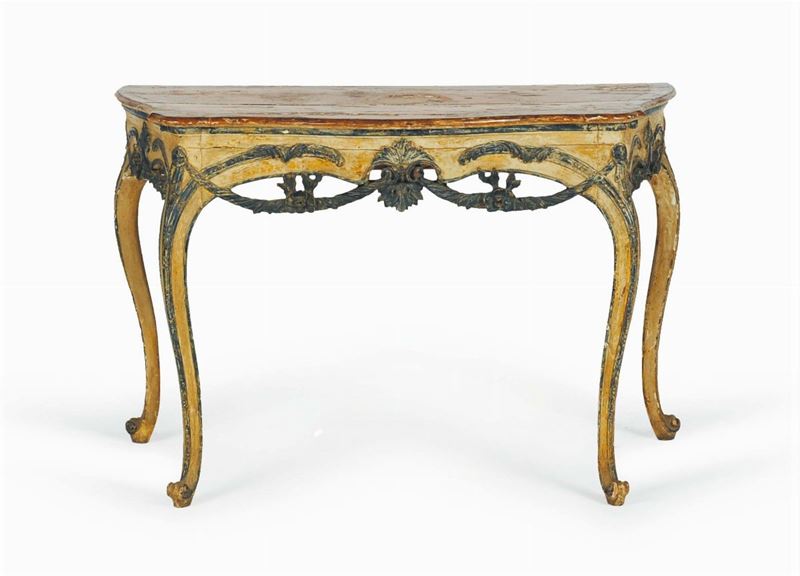 Tavolo-console Luigi XV laccato nei toni dell' ocra e del blu con festoni e motivi floreali , Piemonte XVIII secolo  - Asta House Sale villa la Femara - Cambi Casa d'Aste