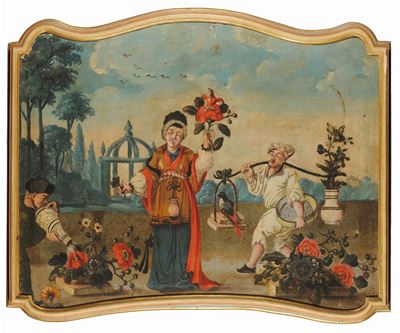 Quattro Dipinti Sagomati con Scenette Orientali, Piemonte XVIII Secolo