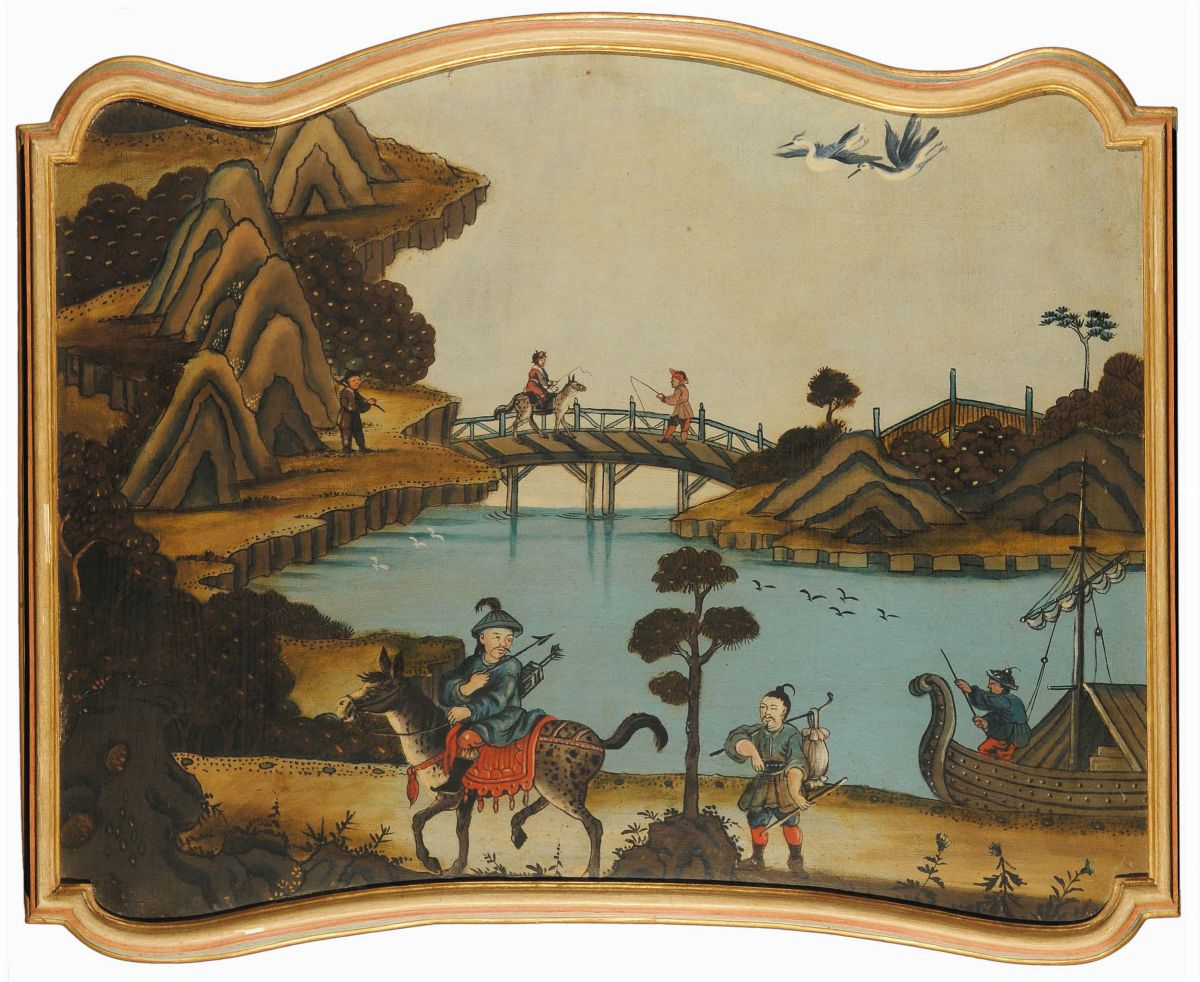 Quattro Dipinti Sagomati con Scenette Orientali, Piemonte XVIII Secolo