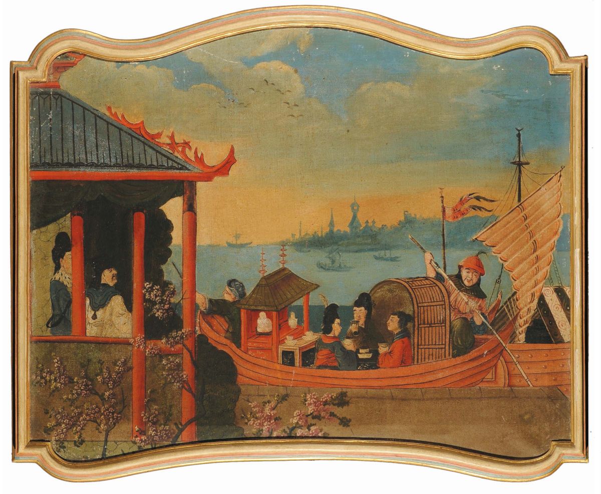 Quattro Dipinti Sagomati con Scenette Orientali, Piemonte XVIII Secolo