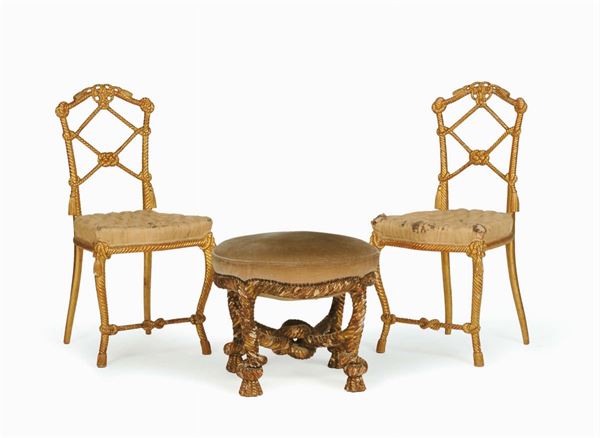 Due sedie e un panchetto dorati, XIX secolo