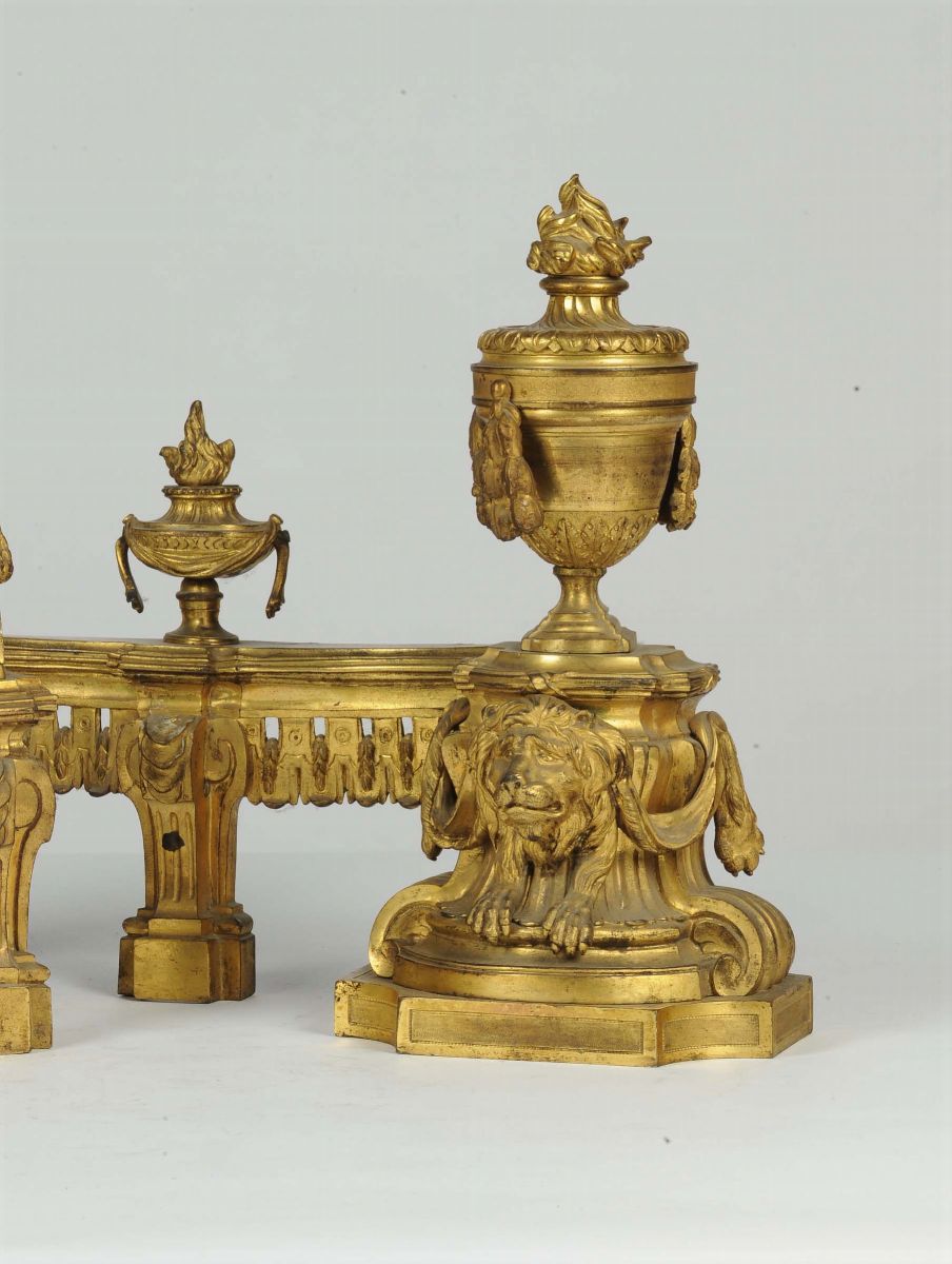 Coppia di Alari Luigi XVI in Bronzo Dorato, XIX Secolo