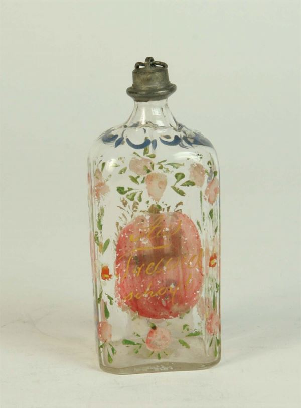 Bottiglietta in vetro antico con rose dipinte, XIX secolo