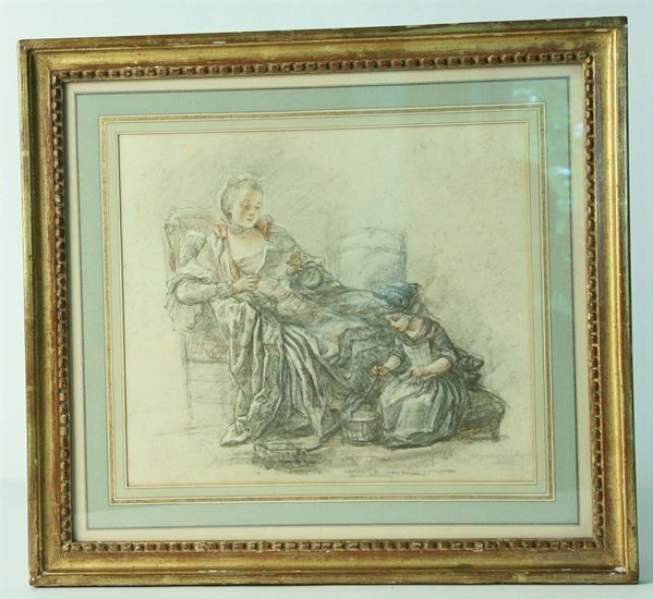 Stampa da disegno di Chardin M.me de Pompadour, XIX secolo