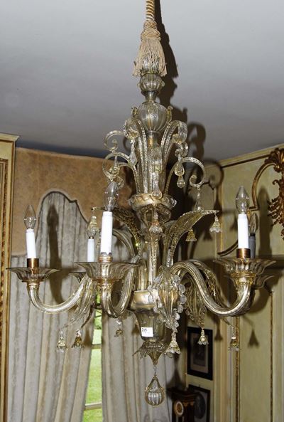 Lampadario in Vetro Incolore a Sei Luci, Italia Settentrionale Fine XX Secolo