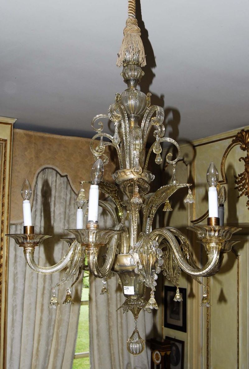 Lampadario in vetro incolore a sei luci, Italia settentrionale fine XX secolo  - Asta House Sale villa la Femara - Cambi Casa d'Aste