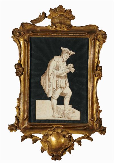 Cornice in Legno Dorato con Incisione Raffigurante Figura Maschile