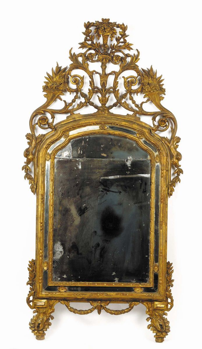 Specchiera in legno intagliato e dorato, Piemonte seconda metˆ XVIII secolo  - Asta House Sale villa la Femara - Cambi Casa d'Aste