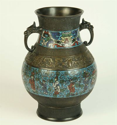 Vaso Cinese in Bronzo con Decorazione Cloisonne, Inizio XX Secolo