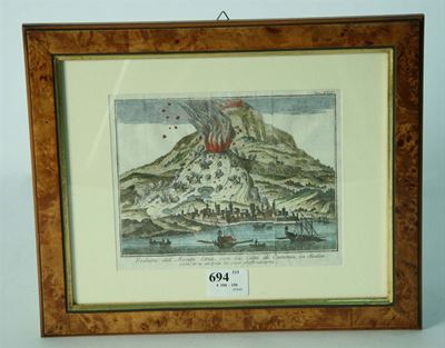 Due Stampe Acquarellate con Veduta del Monte Etna e del Porto di Ostia, XVIII Secolo
