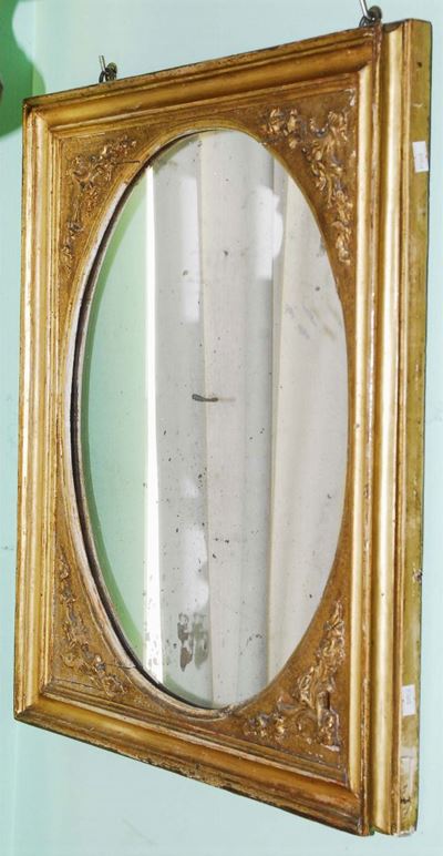 Cornice Rettangolare in Legno Intagliato e Dorato con Specchio Ovale, Italia XIX Secolo