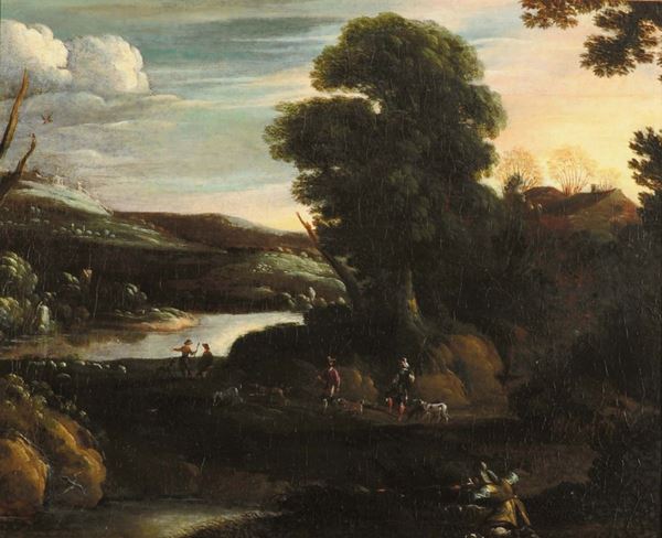 Scuola Italiana del XVII secolo, alla maniera del Domenichino Paesaggio con cacciatori