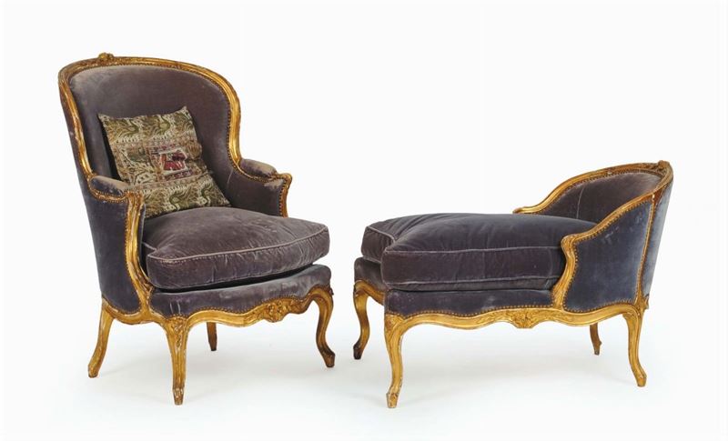 Bergere Luigi XV in legno dorato e seduta in velluto, metˆ XVIII secolo  - Auction House Sale Villa la Femara - Cambi Casa d'Aste