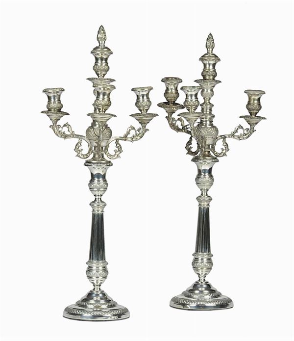 Coppia di candelabri in argento a cinque luci, Torino 1840
