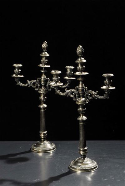 Coppia di Candelieri Luigi XVI in Argento a Tre Luci, Genova XVIII Secolo