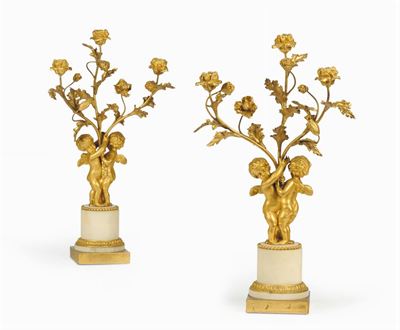 Coppia di Candelabri Luigi XVI in Marmo e Bronzo Dorato, Francia XIX Secolo