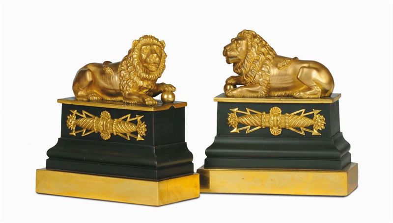 Elementi di alari in bronzo dorato e brunito, XIX secolo  - Auction House Sale Villa la Femara - Cambi Casa d'Aste