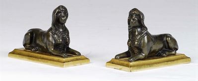 Coppia di Presse Papier in Bronzo Dorato e Brunito a Guisa di Sfingi