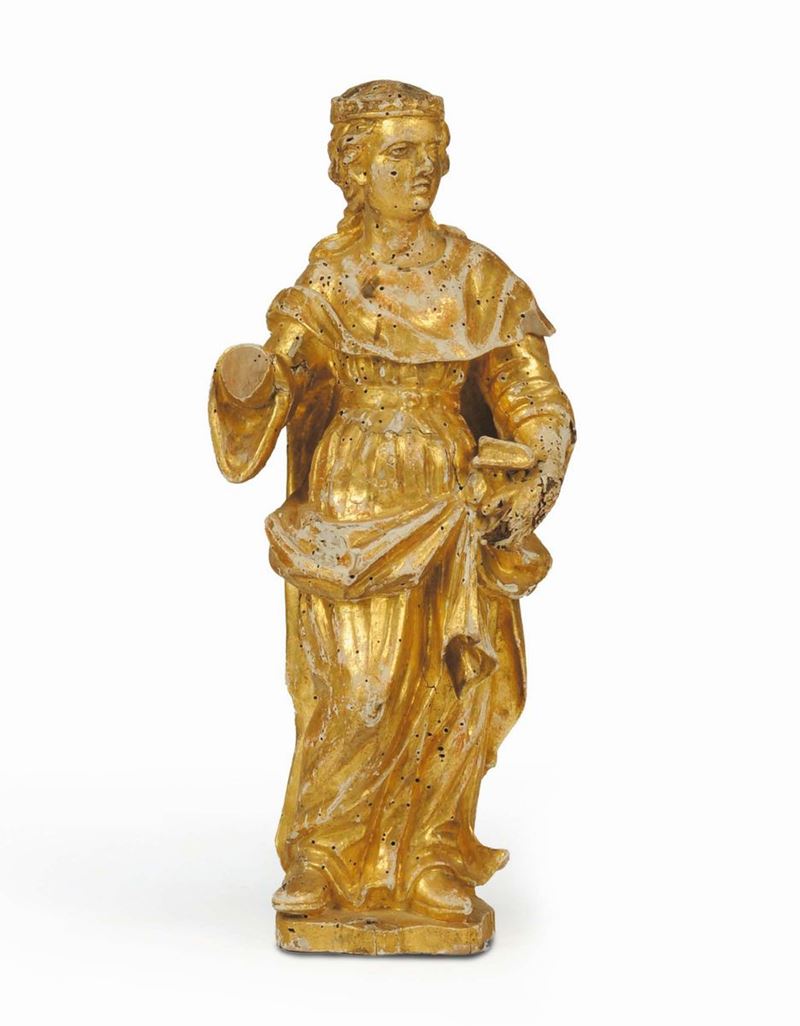 Statua di santa in legno dorato, Piemonte inizio XVIII secolo  - Auction House Sale Villa la Femara - Cambi Casa d'Aste