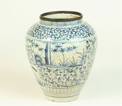 Piccolo Vaso Cinese con Decoro Bianco e Blu Antico