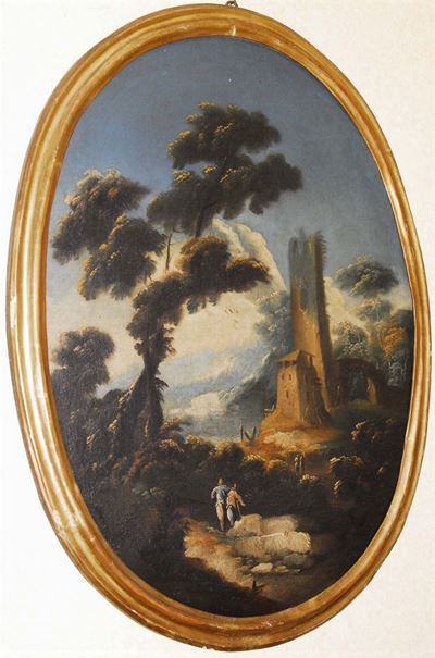 Anonimo del XX Secolopaesaggio con Torre e Figure