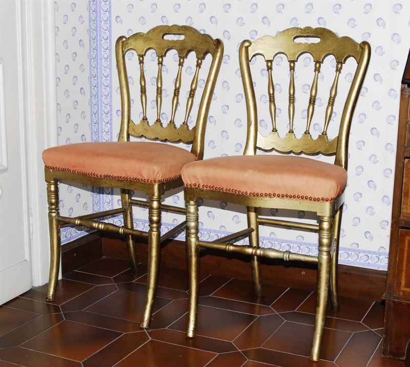 Quattro seggioline Napoleone III in legno dorato, XIX secolo  - Asta House Sale villa la Femara - Cambi Casa d'Aste