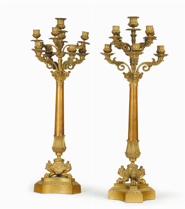 Coppia di grandi candelabri a nove luci in bronzo dorato, Italia fine XIX secolo