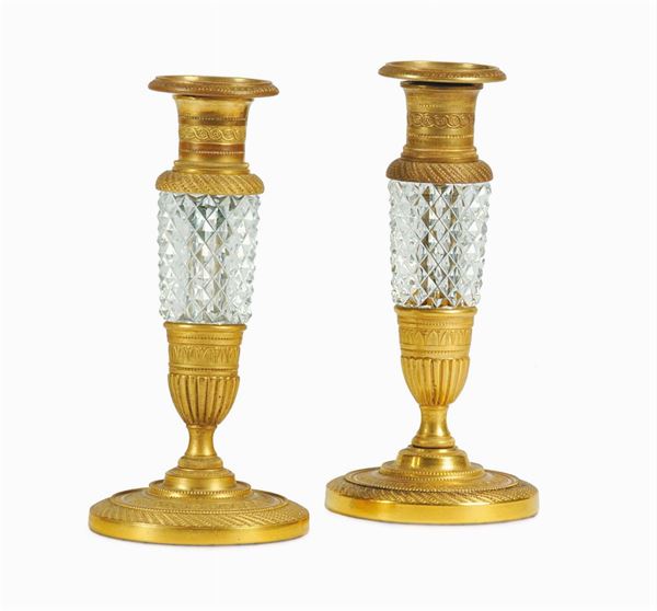 Coppia di candelieri in cristallo e bronzo dorato, Italia prima metˆ XIX secolo