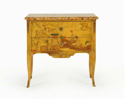 Comoncino Transizione Luigi XV - Luigi XVI a Due Cassetti Laccato a Cineserie, Francia 1765 Circa