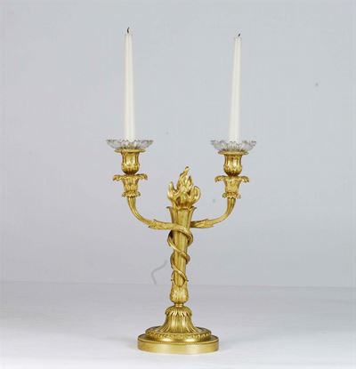 Candeliere in Stile Luigi XVI in Bronzo Dorato a Due Luci, XIX Secolo
