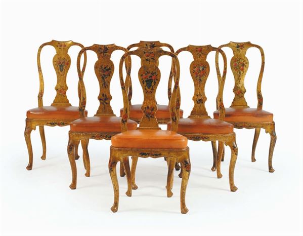 Quattordici sedie in legno dorato con decorazioni policrome floreali, metˆ XVIII secolo
