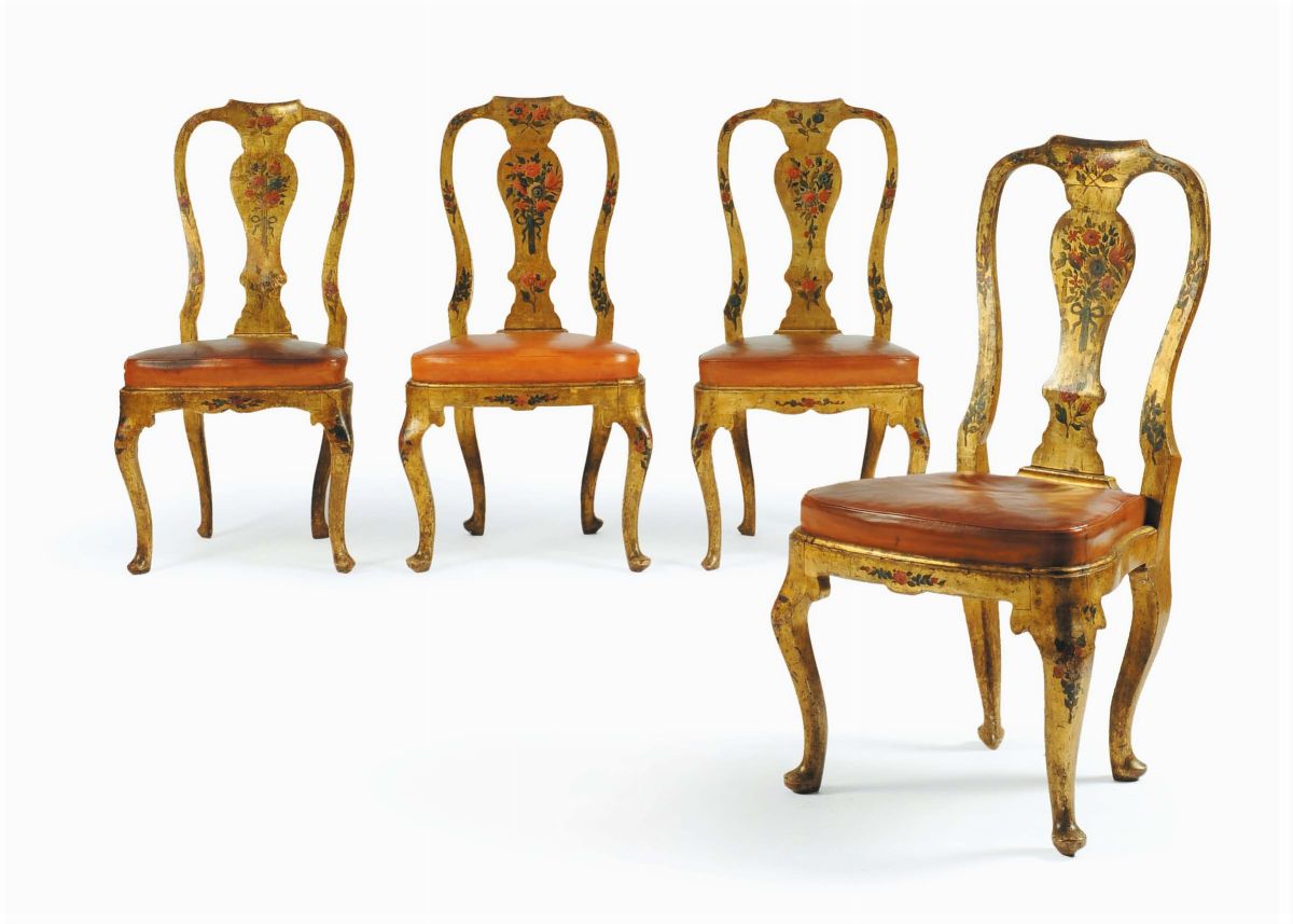 Quattordici Sedie in Legno Dorato con Decorazioni Policrome Floreali, Metˆ XVIII Secolo