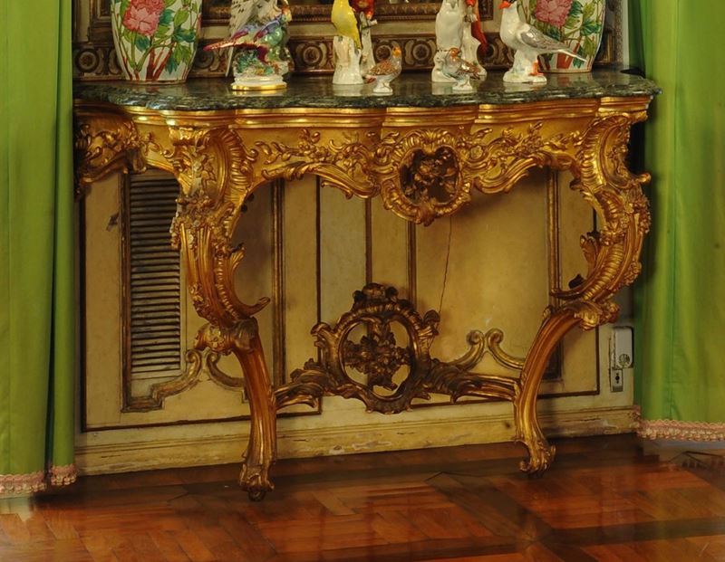 Console in legno intagliato e dorato, Piemonte metˆ XVIII secolo  - Asta House Sale villa la Femara - Cambi Casa d'Aste