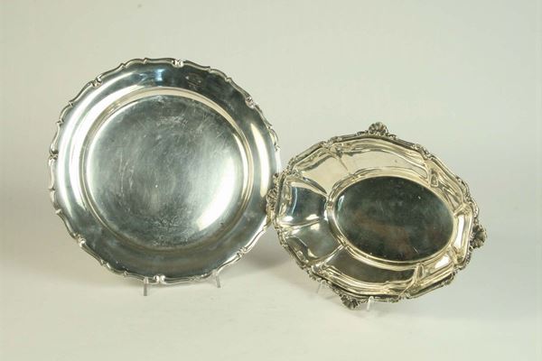 Centrotavola e grande piatto in argento, XX secolo