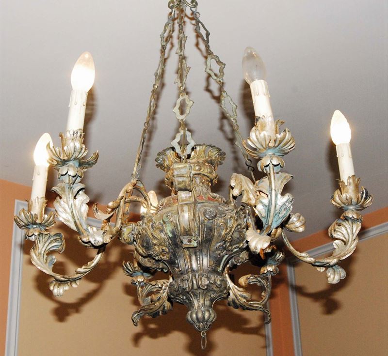Lampadarietto in metallo argentato a sei luci, XVIII secolo  - Auction House Sale Villa la Femara - Cambi Casa d'Aste