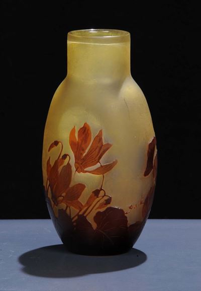 Emile Gallž (1846-1904) - Nancyvaso di Forma Ovoidale Appiattita in Vetro Giallo