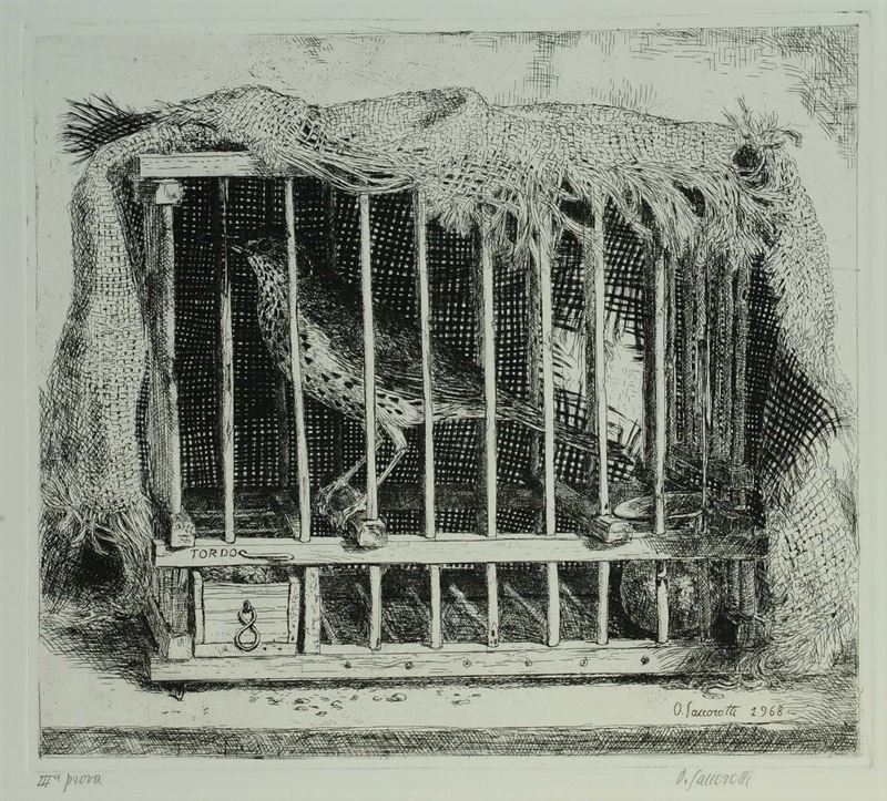 Oscar Saccorotti (1898-1986) Tordo in gabbia  - Asta Antiquariato e Dipinti Antichi - Cambi Casa d'Aste