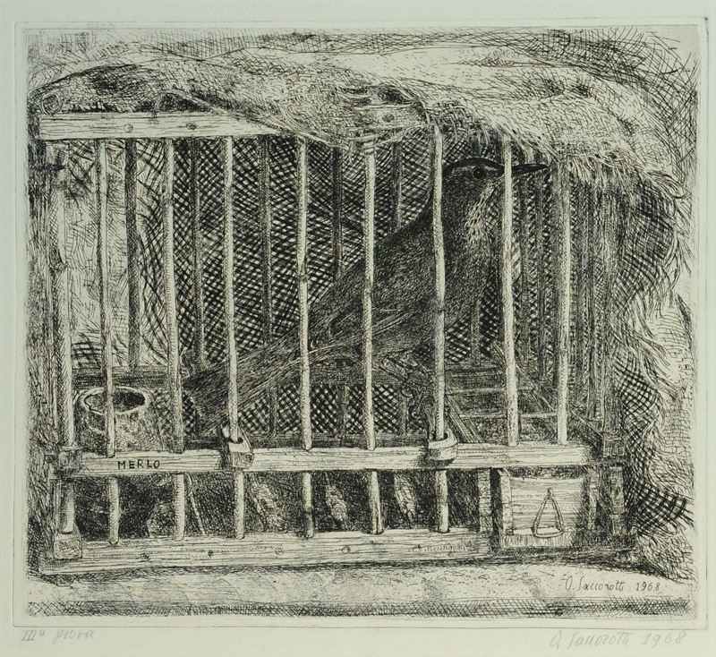 Oscar Saccorotti (1898-1986) Merlo in gabbia, 1968  - Asta Antiquariato e Dipinti Antichi - Cambi Casa d'Aste