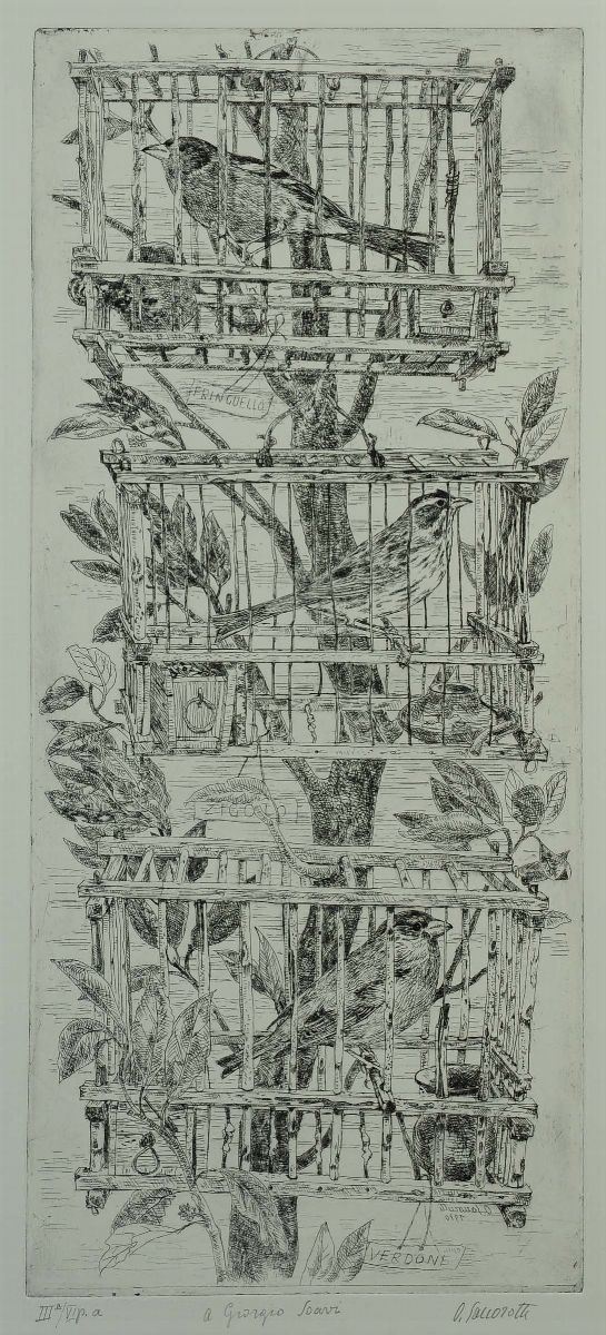Oscar Saccorotti (1898-1986) Albero con gabbiette  - Auction Antiquariato e Dipinti Antichi - Cambi Casa d'Aste