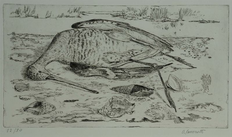 Oscar Saccorotti (1898-1986) Trampoliere sulla spiaggia  - Asta Antiquariato e Dipinti Antichi - Cambi Casa d'Aste