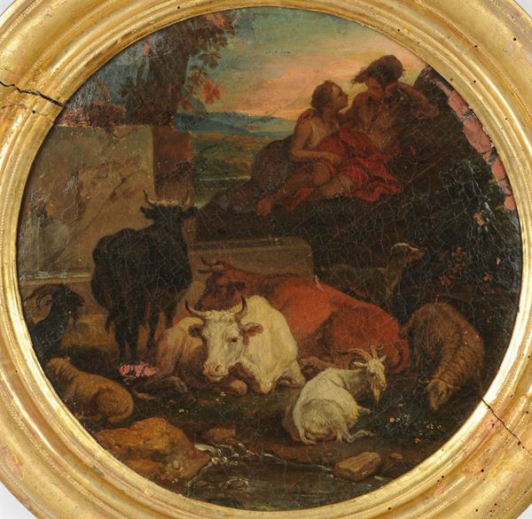 Scuola Romana del XVII secolo Paesaggio con armentiPaesaggio con armenti