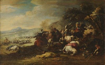 Jacques Curtois Detto il Borgognone (1621-1676), Attribuito Acoppia di Battaglie con Cavalieri