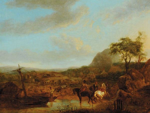 Scuola del XVIII secolo Paesaggio lacustre con cavalli e vacche