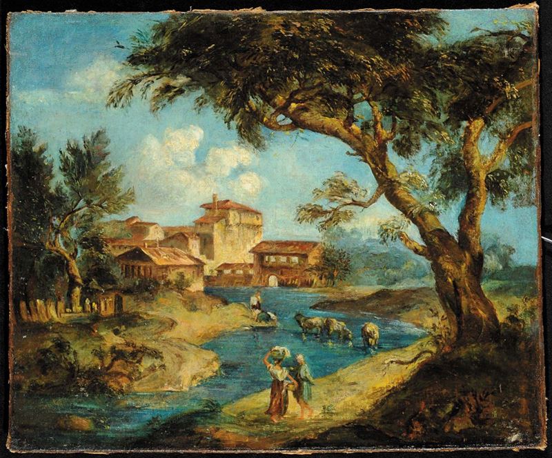 Scuola della fine del XVIII secolo Paesaggio fluviale con figure ed armenti  - Asta Antiquariato, Argenti e Dipinti Antichi - Cambi Casa d'Aste