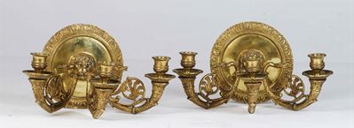 Coppia di Appliques in Bronzo a Tre Luci di Gusto Impero, Francia XIX Secolo