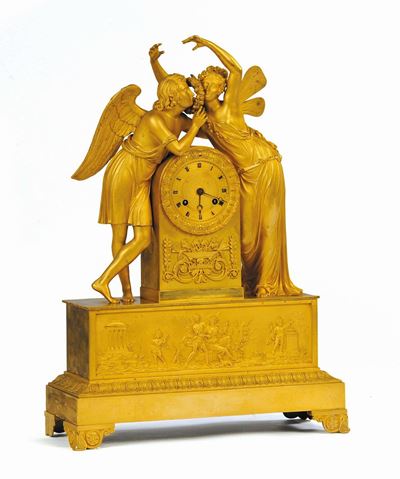 Pendola in Bronzo Dorato con Figure Alate, Francia XIX Secolo