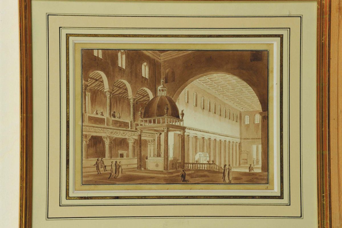 Quattro Disegni Acquarellati a Seppia con Architetture, XIX Secolo