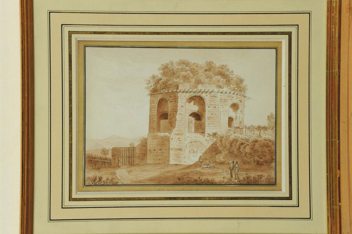 Quattro Disegni Acquarellati a Seppia con Architetture, XIX Secolo
